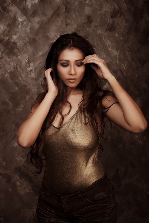 Free Elegant South Asian woman in metallic outfit posing against textured background. Stock Photo