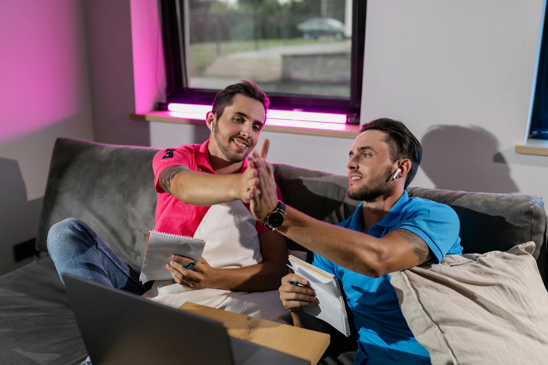 Twins in Polo Shirts Sitting on Gray Sofa