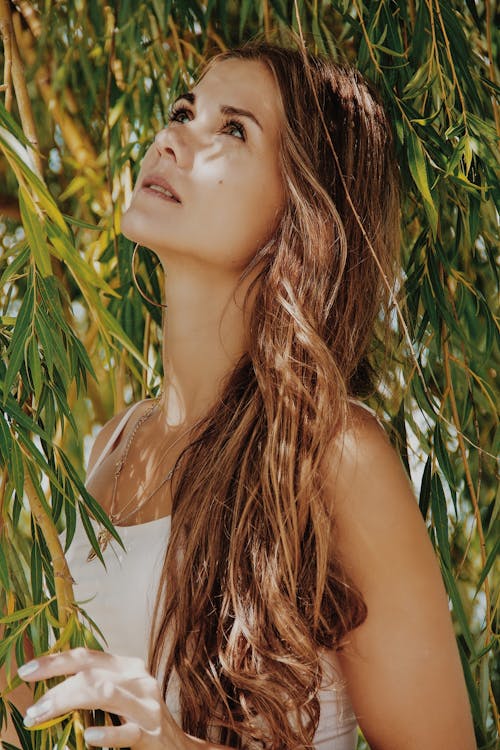Free Beautiful Woman with Long Hair Looking Up While near the Leaves Stock Photo