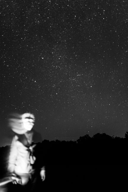 Blurred figure under a clear starry night sky, creating a mysterious atmosphere.