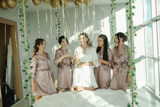 Bride and bridesmaids celebrating with champagne in a beautifully decorated room.