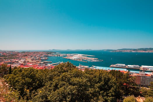 Aerial panoramic view of Vigo port, Spain, showcasing vibrant cityscape and blue sea under a clear sky.
