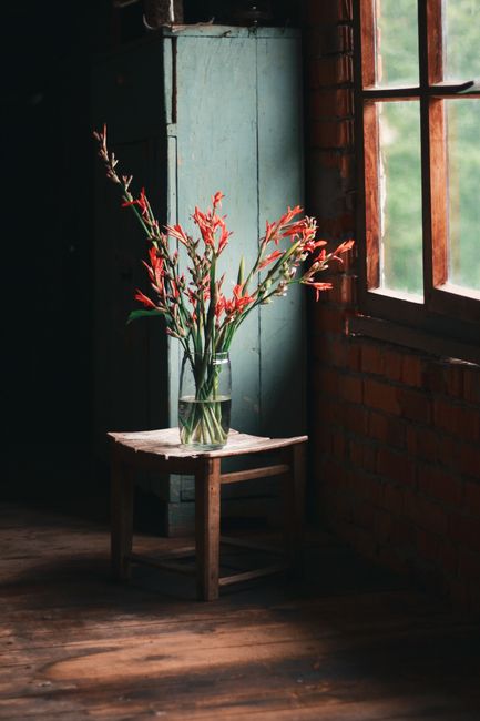 A vibrant bouquet in a glass vase on a wooden stool by a window, capturing natural light.