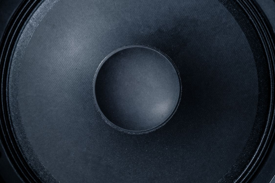 Close-up of a standalone subwoofer driver cone showing the voice coil construction and speaker surround