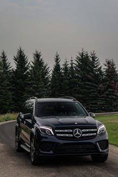 Elegant Mercedes Benz SUV driving on a scenic road lined with lush pine trees.