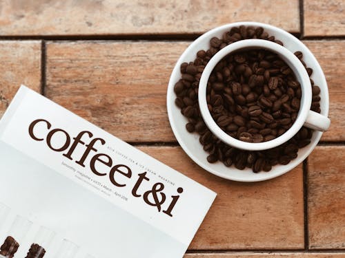 Free Coffee T&i Catalog and Cups and Saucers on Top of Table Stock Photo