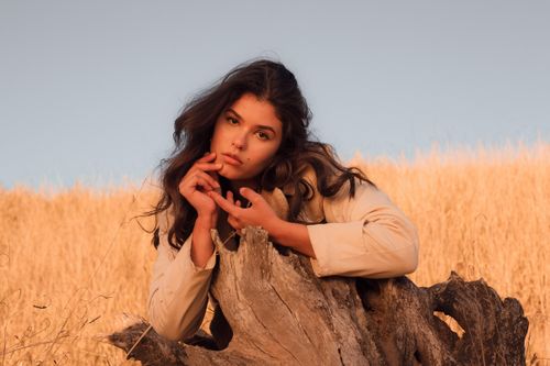 Free Portrait of a young woman posing in a golden field during day. Stock Photo