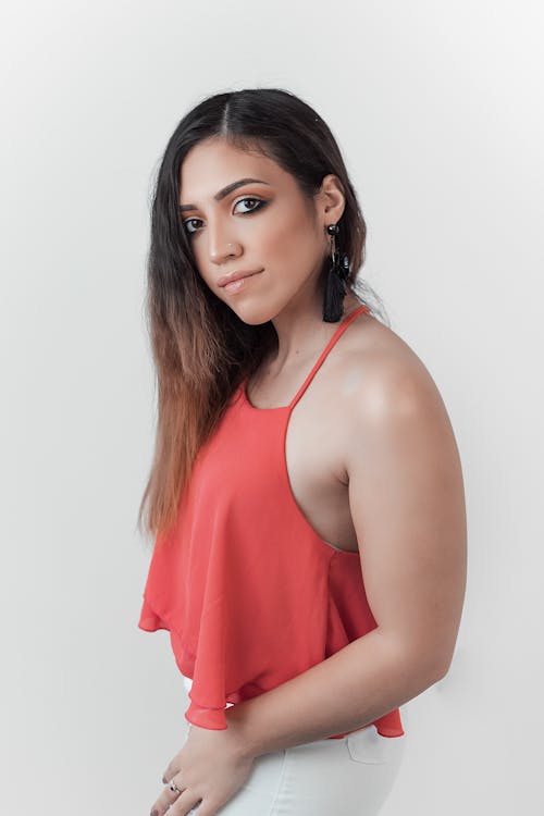 Woman Wearing Red Spaghetti Strap Blouse Posing