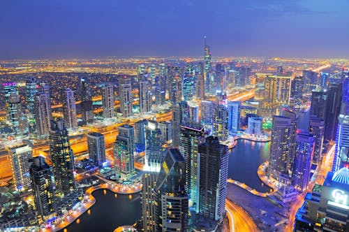 Aerial Photography of High Rise Buildings in Dubai during Nighttime