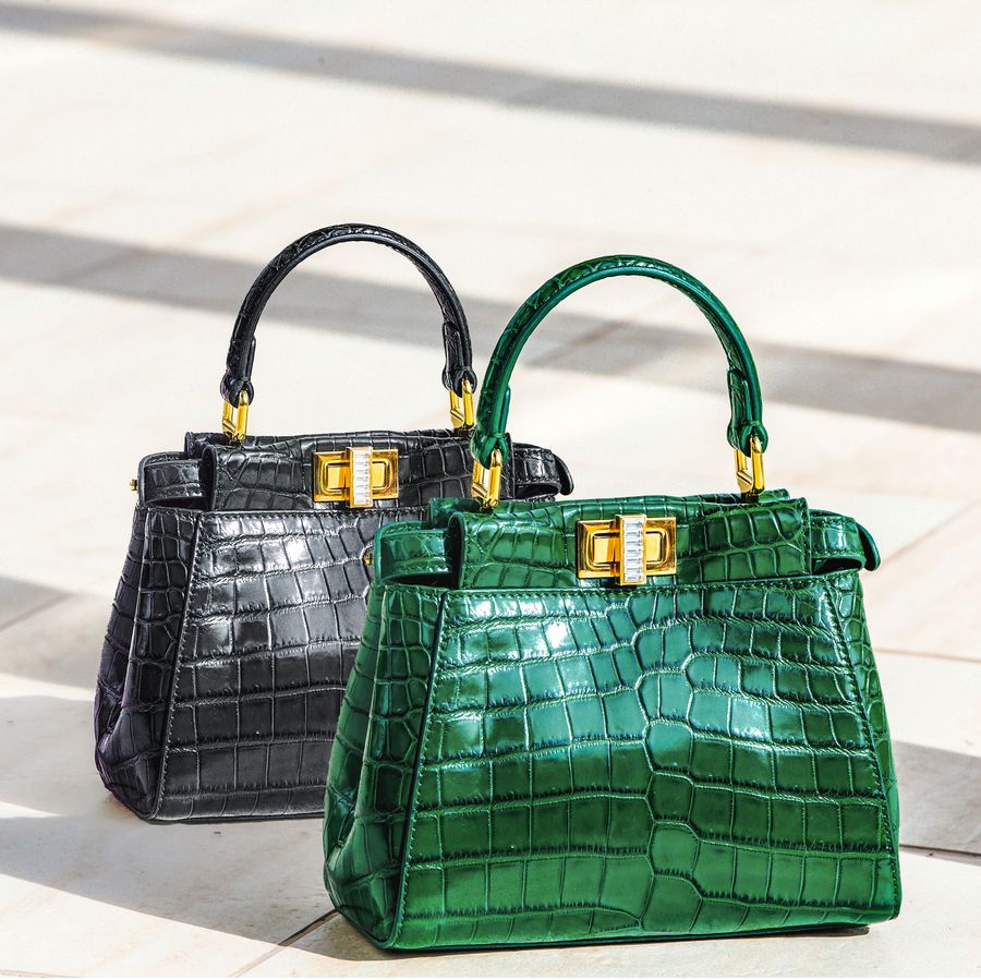 Green leather satchel handbag