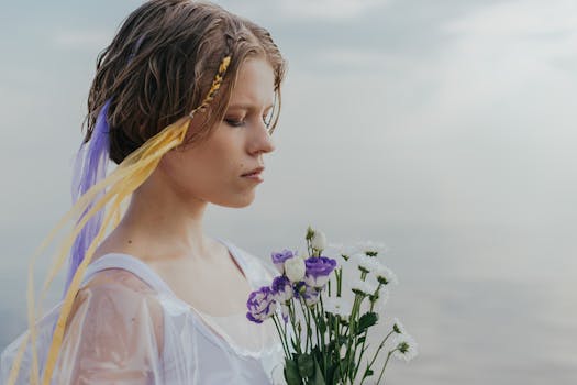 A serene woman with braided hair holds a colorful bouquet by the sea in soft light.