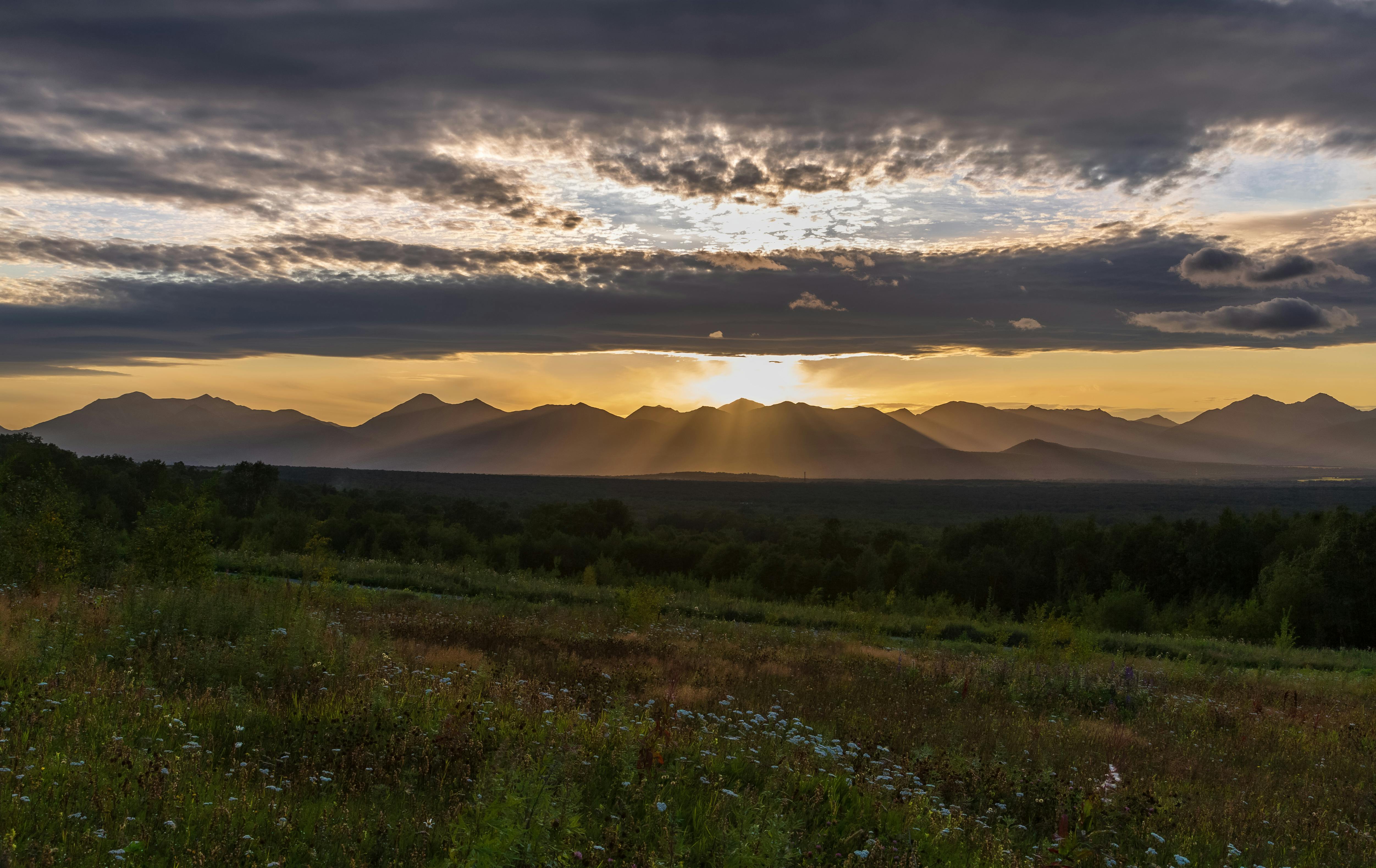 Green Grass Field Near Mountains During Golden Hour · Free Stock Photo