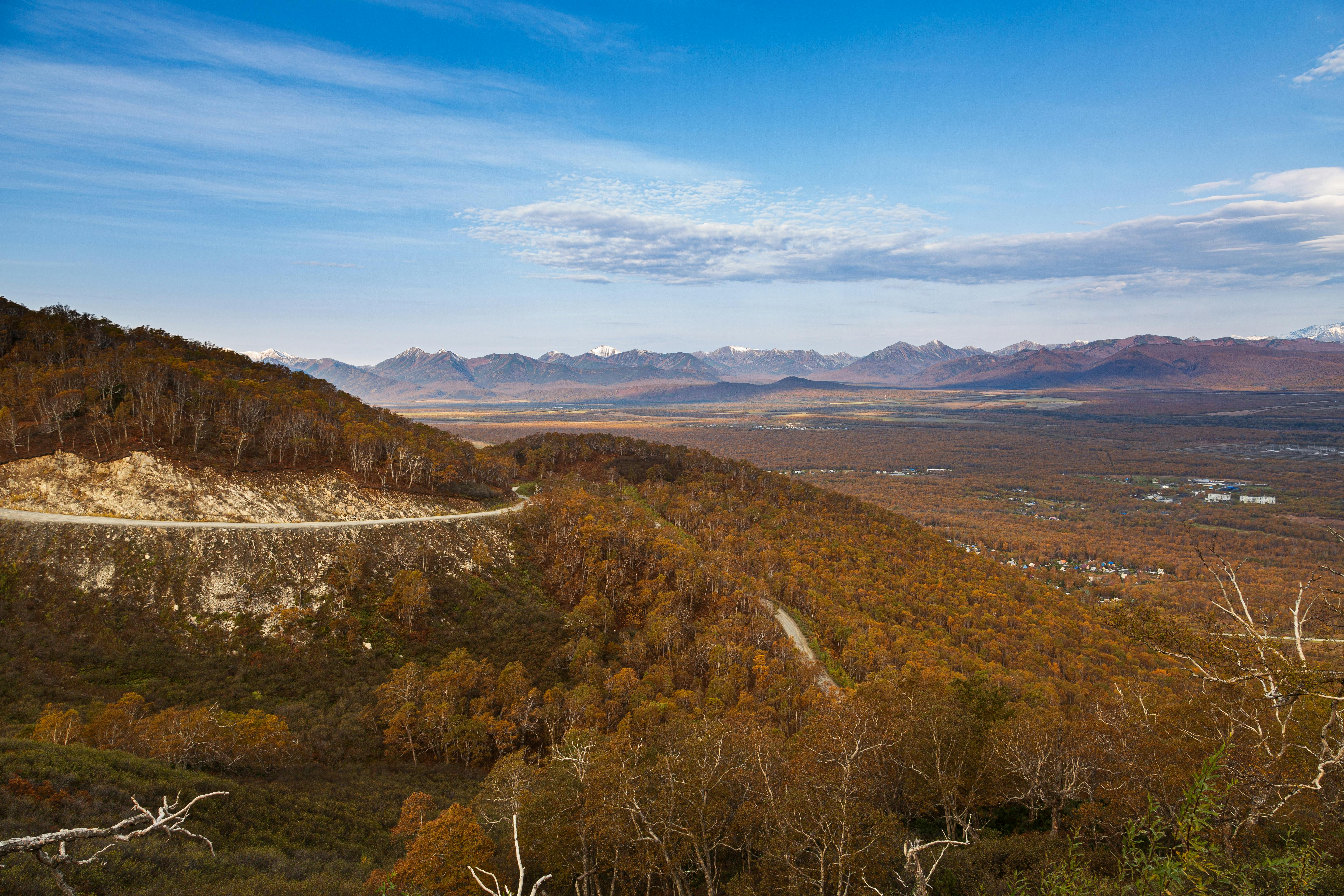 Majestic view of autumn foliage and mountains under a clear blue sky.