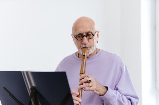 Senior man in a purple shirt plays a wooden flute in a well-lit indoor setting.