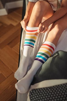 Woman sitting on bed wearing rainbow socks in sunlight.
