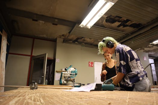Two adults working together in a woodworking shop with tools and wooden tables, innovative teamwork.