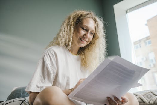 A woman with blonde hair smiling while reviewing documents indoors.