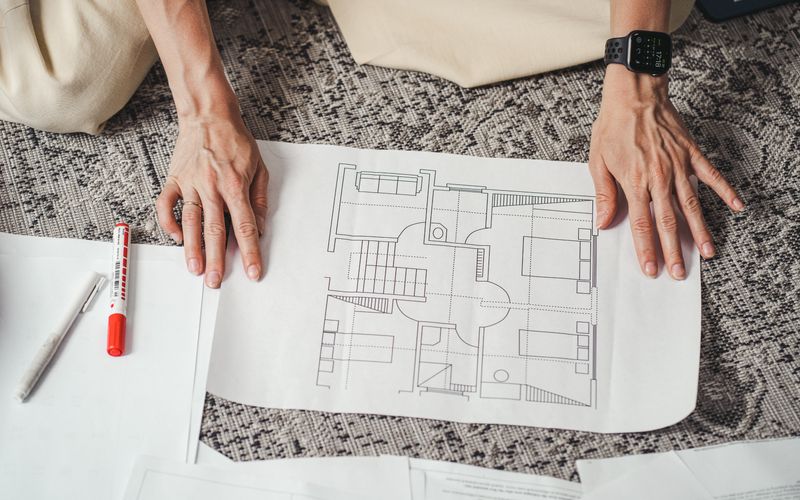 Consultant reviewing a sanctioned building plan document on a table