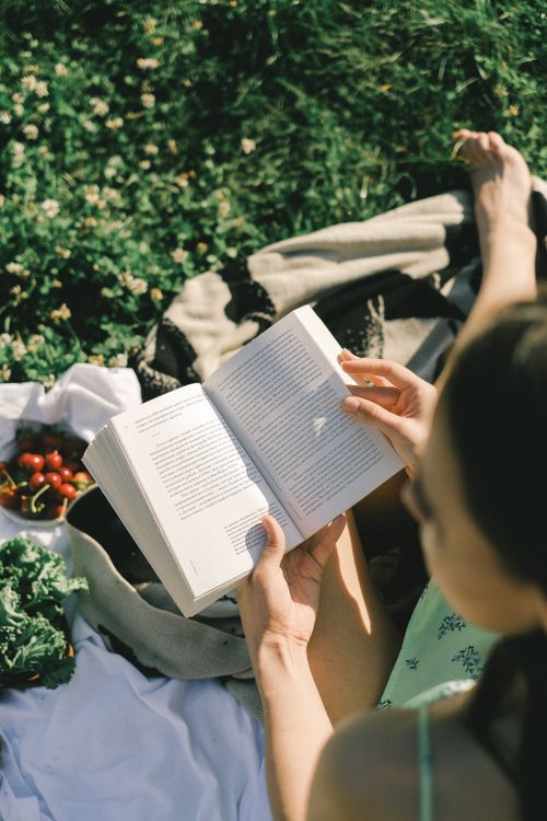 Free Woman reading a book during a peaceful summer picnic outdoors. Stock Photo