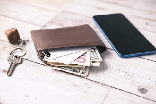 Close-up of a wallet with cash, smartphone, and keys on a wooden surface.