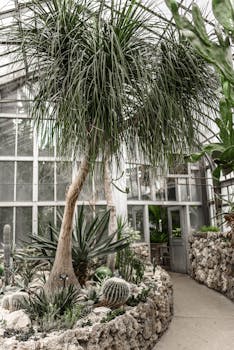 Glass greenhouse with exotic trees and plants with the Quote "To command is to serve, nothing more and nothing less." written on it and have average color value #757464