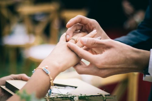 Free Close-up of a couple exchanging wedding rings outdoors, symbolizing love and commitment. Stock Photo