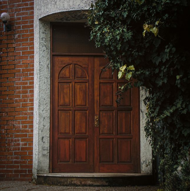 A rustic wooden door with climbing ivy located in Linares, Chile, showcasing architectural charm.