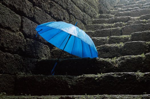 A vivid blue umbrella resting on moss-covered stone steps, glistening with rain.