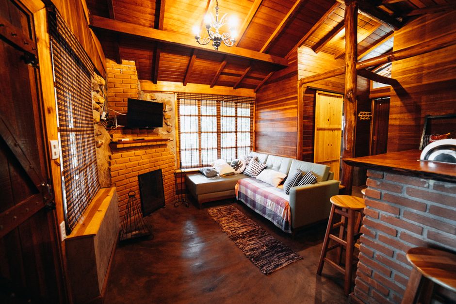 Fotomural Sala de estar de cabaña de madera cálida y acogedora con decoración rústica y luz natural.