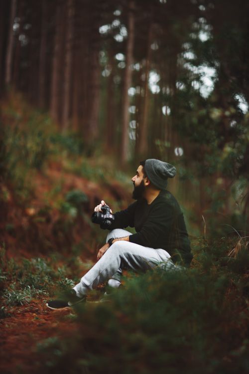 Free Photographer holding camera sits amidst lush forest, capturing nature's beauty. Stock Photo