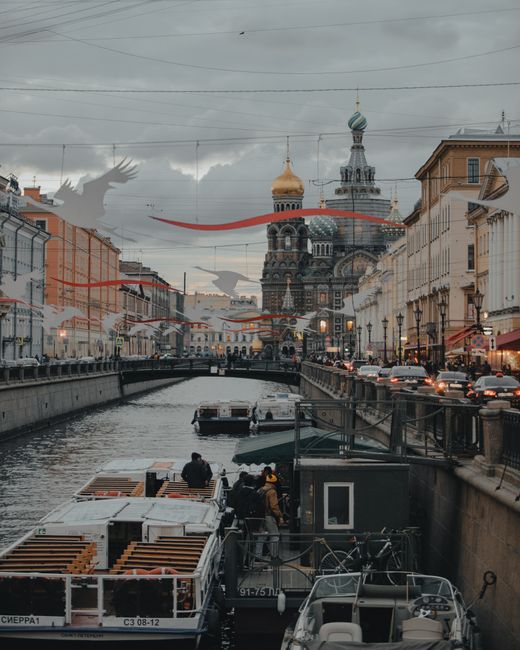 Discover the beauty of Saint Petersburg with a view of the canal and Church of the Savior on Spilled Blood.