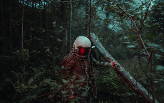 A lone astronaut in a spacesuit explores a mysterious, lush forest.