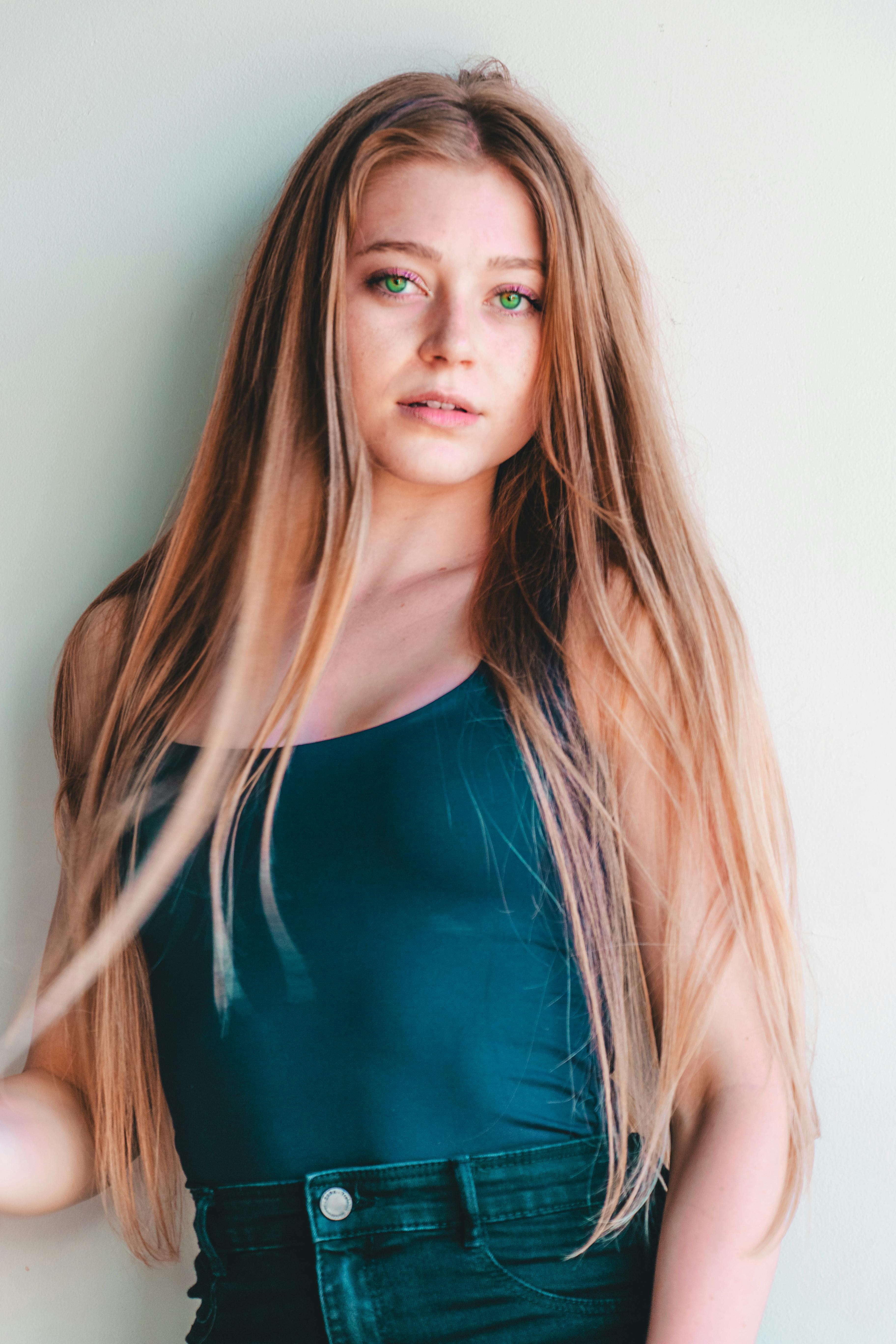 woman in blue tank top