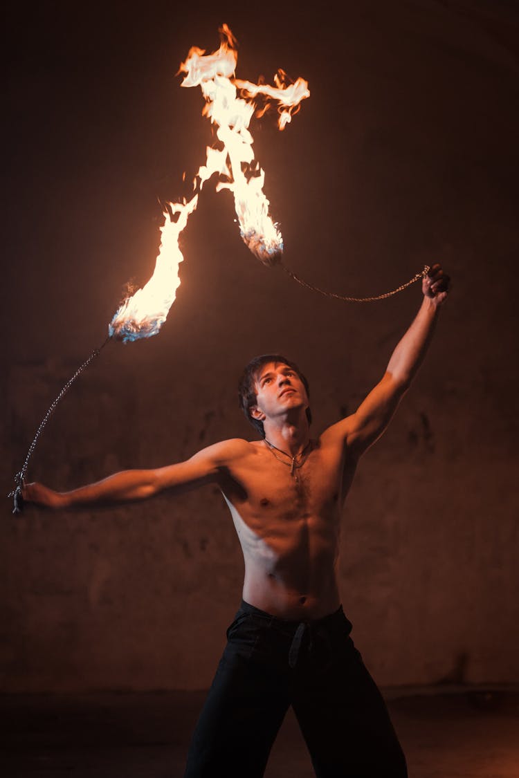 Shirtless Man Fire Dancing