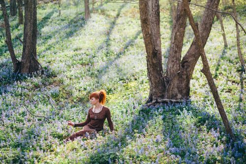 Free A woman sitting in a field of blooming flowers under trees, enjoying spring ambience. Stock Photo