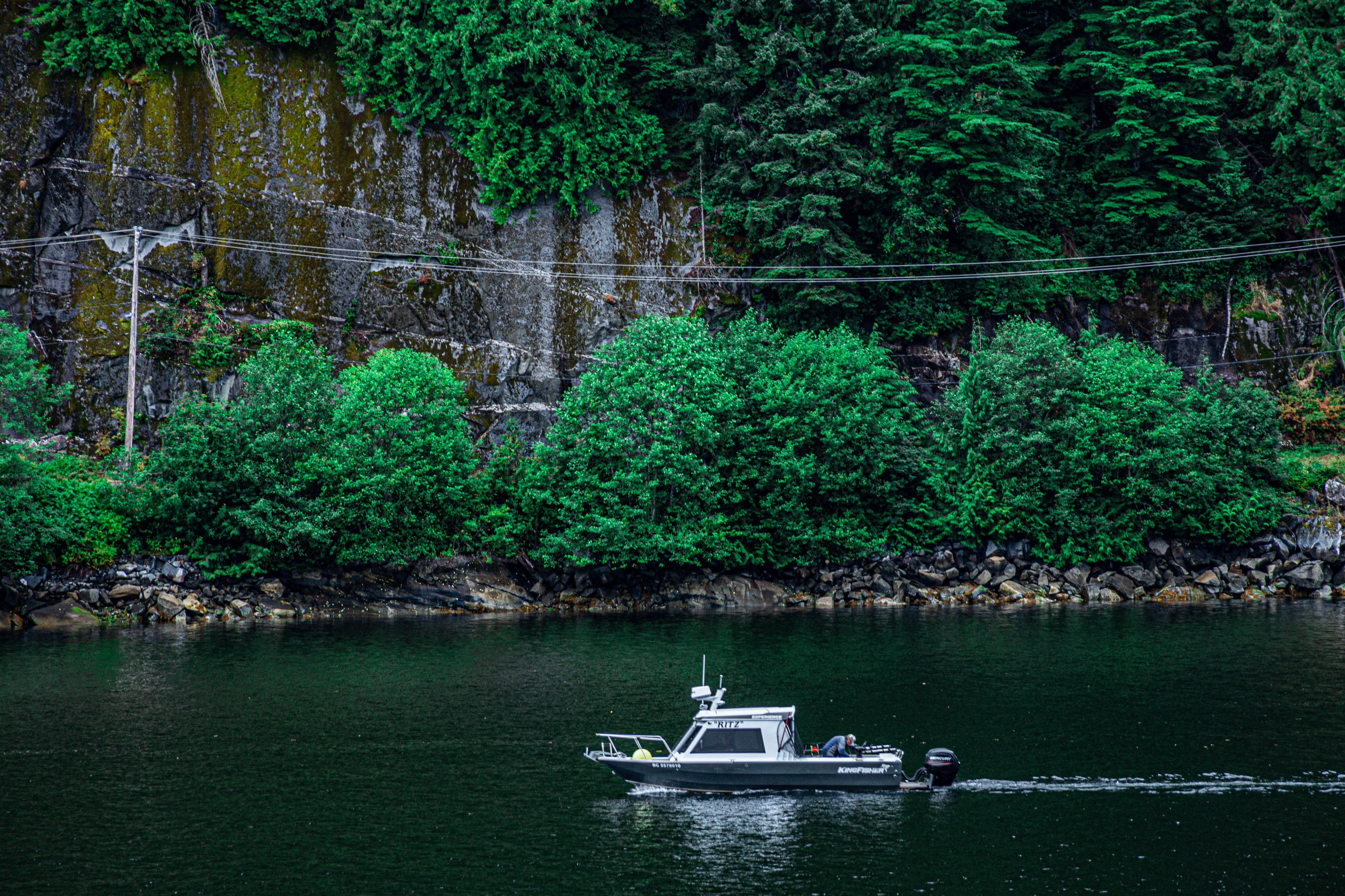 A boat travels along the lush green shoreline of Ocean Falls, BC.
