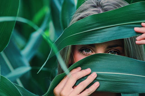 トウモロコシの葉で顔を覆っている女性