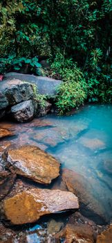 From above of picturesque small pond with pure turquoise water and rocky shore surrounded by lush green trees in woods