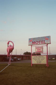 Vintage Flamingo Motel sign with a giant flamingo statue in Marshalltown, Iowa, under a pastel evening sky.