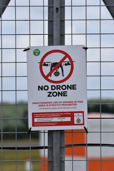 Sign indicating a no drone zone, highlighting prohibited drone usage for safety.