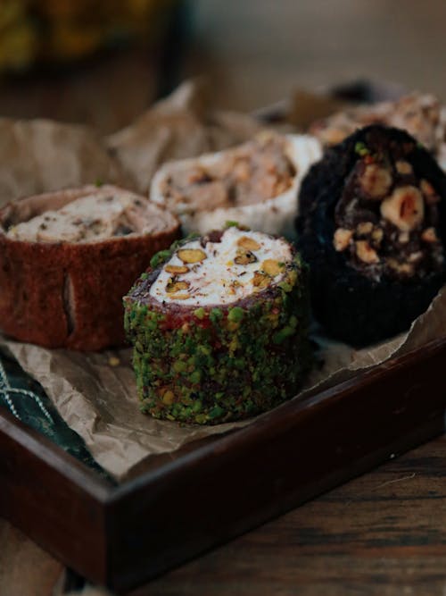 Close-up of Delicious Food on Wooden Tray