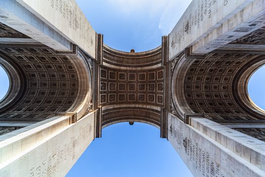 A detailed view from below the Arc de Triomphe, showcasing intricate architecture and clear blue sky.