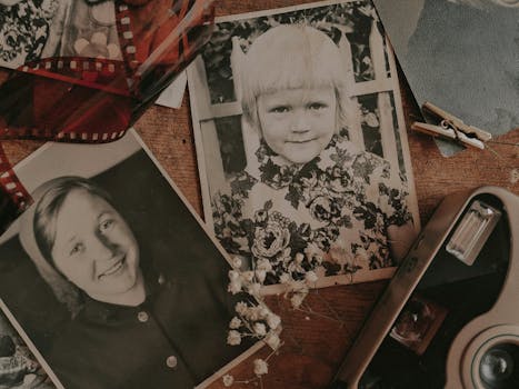 A nostalgic display of vintage family photos with retro camera and film negatives.