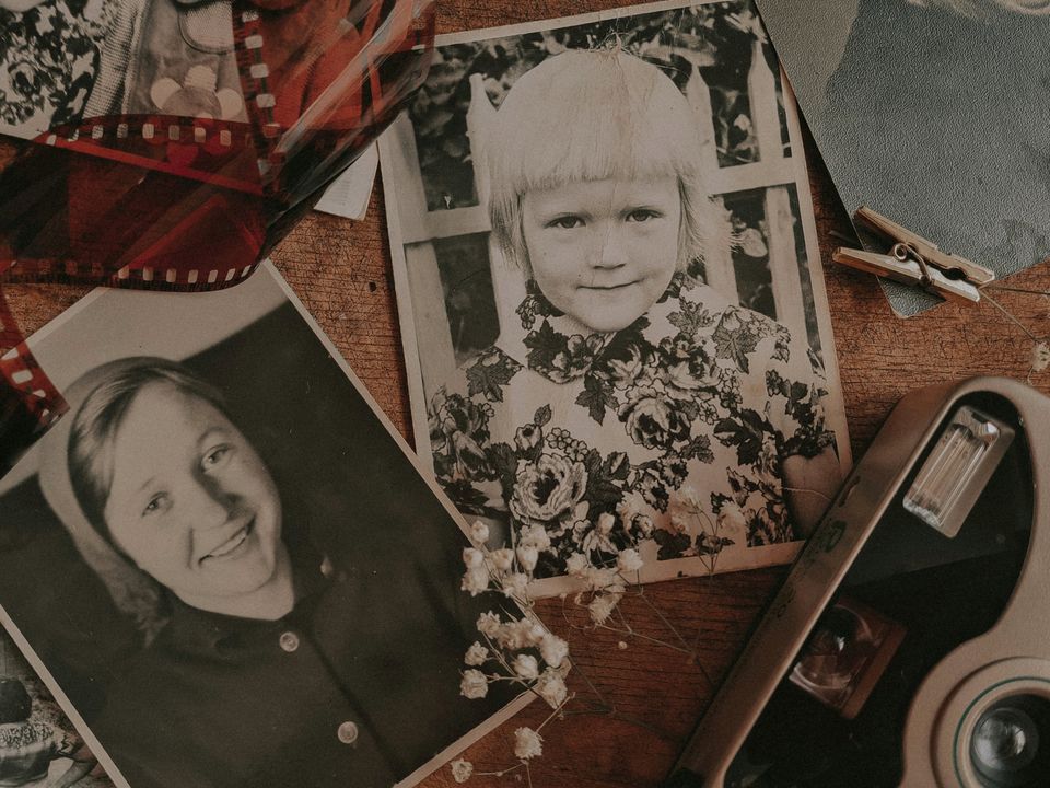 Vintage black-and-white family photographs with film