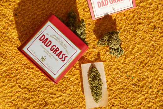 Organic CBD hemp flower package 'Dad Grass' on a colorful rug.