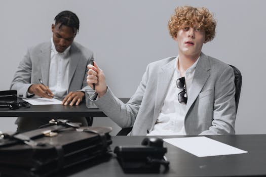 Two businessmen in gray suits working at office desks during a meeting.