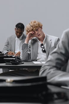 Two office workers in gray suits appear bored during a meeting.
