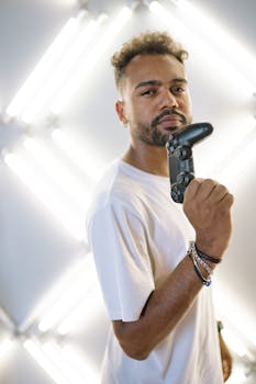 Young man with gaming controller standing against neon light background, highlighting modern technology feel.