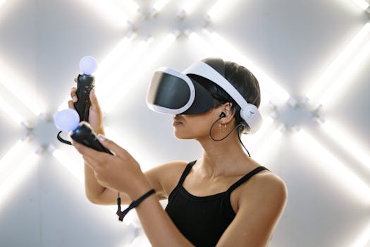 Side view of a woman using virtual reality headset and controllers indoors, illustrating modern gaming technology.