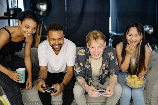 A group of young friends laughing and playing video games together indoors. Perfect for lifestyle and leisure themes.